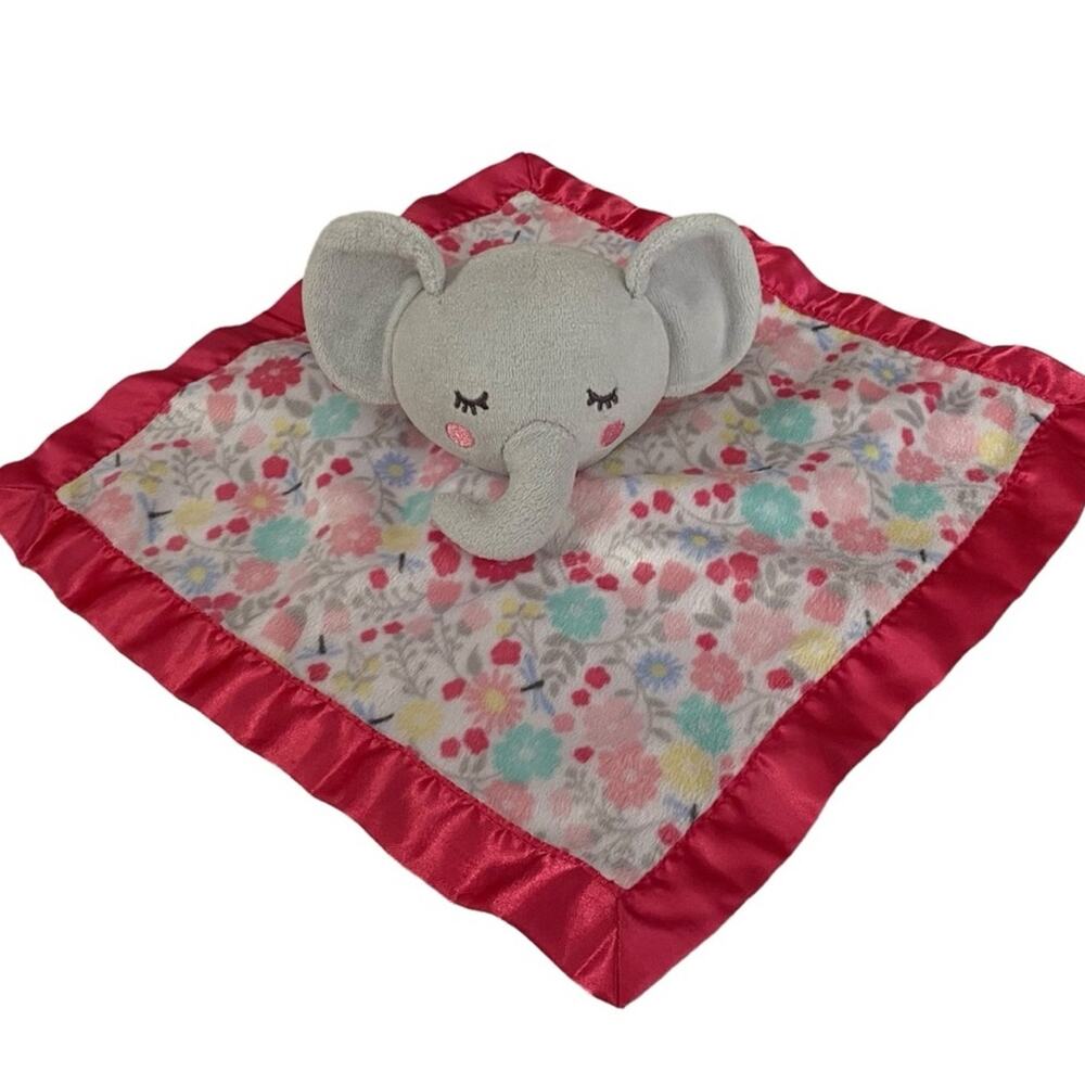 Parents Choice Pink Grey Elephant Plush Security Blanket Lovey Satin Trim 12x12"